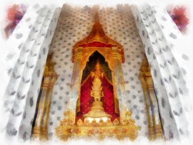 Tayland 'ın Bangkok kentindeki antik mimari ve antik sanat manzarası suluboya resim çizimi izlenimcisi.