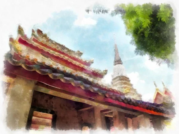 Krajobraz Starożytnej Architektury Sztuki Starożytnej Bangkoku Tajlandii Akwarela Styl Ilustracji — Zdjęcie stockowe