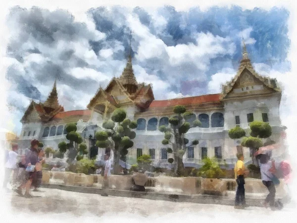 Krajina Velkého Paláce Wat Phra Kaew Bangkoku Thajsko Akvarel Styl — Stock fotografie