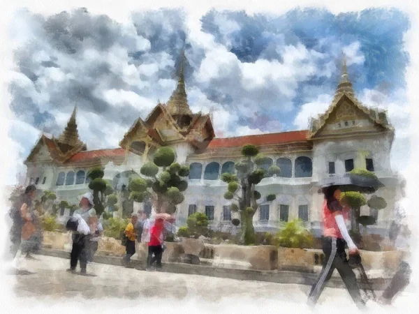 Paysage Grand Palais Wat Phra Kaew Bangkok Thaïlande Aquarelle Style — Photo