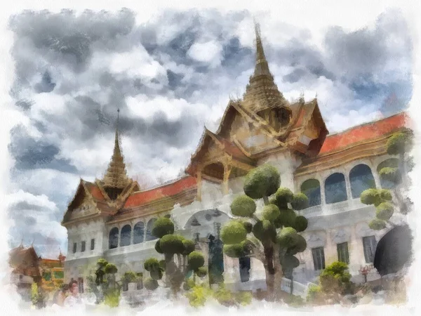 Paisagem Grande Palácio Wat Phra Kaew Bangkok Tailândia Aquarela Estilo — Fotografia de Stock