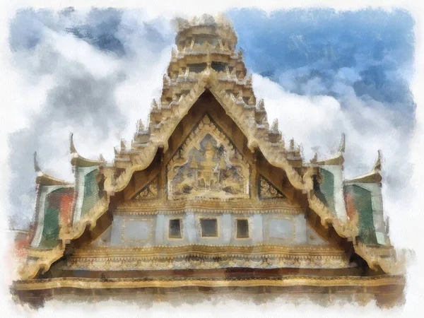 曼谷大殿景观华特 弗拉考泰国水彩画风格的印象派绘画 — 图库照片