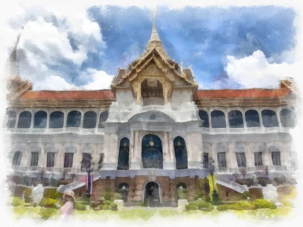 バンコクの王宮ワット カウの風景タイの水彩画風のイラスト印象派絵画 — ストック写真