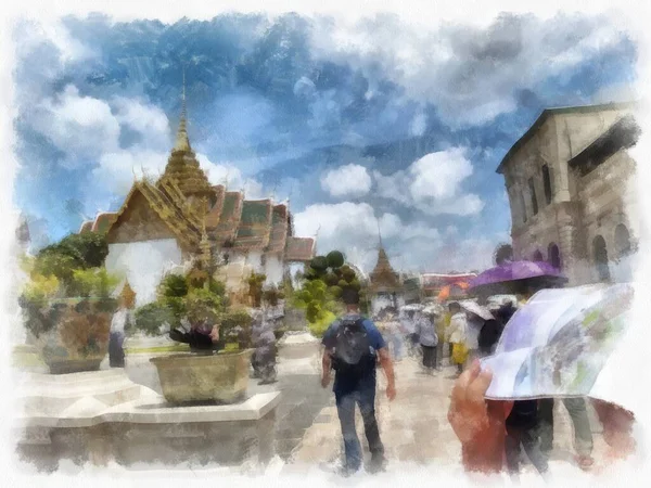 Paisagem Grande Palácio Wat Phra Kaew Bangkok Tailândia Aquarela Estilo — Fotografia de Stock