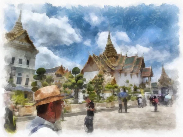 Landscape Grand Palace Wat Phra Kaew Bangkok Thailand Watercolor Style — Zdjęcie stockowe