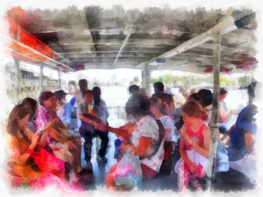 Tayland 'ın Bangkok kentindeki antik mimari ve antik sanat manzarası suluboya resim çizimi izlenimcisi.