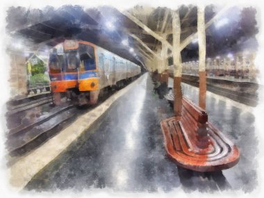 Bangkok 'taki tren istasyonunun manzarası. Tayland suluboya resim çizimi..