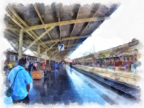 Landscape Train Station Bangkok Thailand Watercolor Style Illustration Impressionist Painting — Stok fotoğraf