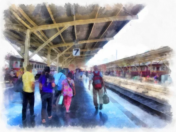 Landscape Train Station Bangkok Thailand Watercolor Style Illustration Impressionist Painting — Zdjęcie stockowe