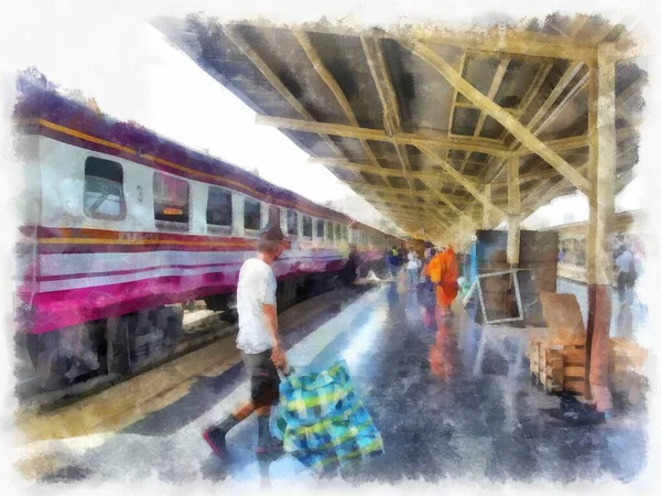 Paisagem Estação Trem Bangkok Tailândia Aquarela Estilo Ilustração Impressionista Pintura — Fotografia de Stock