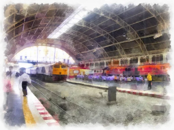 Landscape Train Station Bangkok Thailand Watercolor Style Illustration Impressionist Painting — стоковое фото