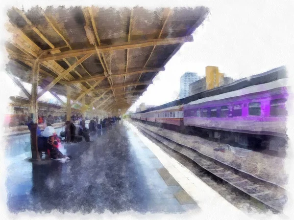 Landscape Train Station Bangkok Thailand Watercolor Style Illustration Impressionist Painting — Stockfoto