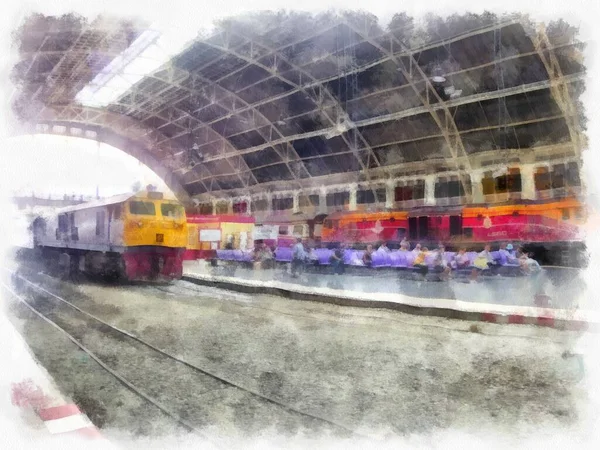 Пейзаж Железнодорожного Вокзала Бангкоке Таиланд Акварель Стиль Иллюстрации Импрессионистской Живописи — стоковое фото