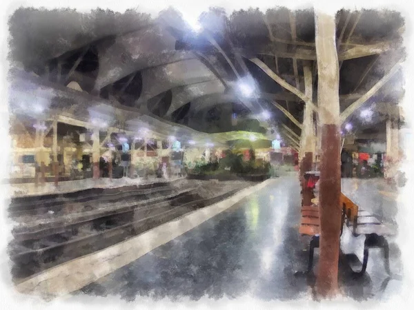 Paisaje Estación Tren Bangkok Tailandia Acuarela Estilo Ilustración Pintura Impresionista —  Fotos de Stock