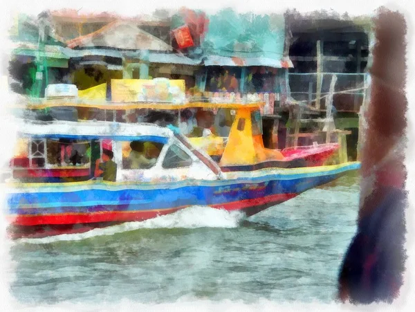 Landscape Passenger Boats Passengers Bangkok Chao Phraya River Thailand Watercolor — Stockfoto