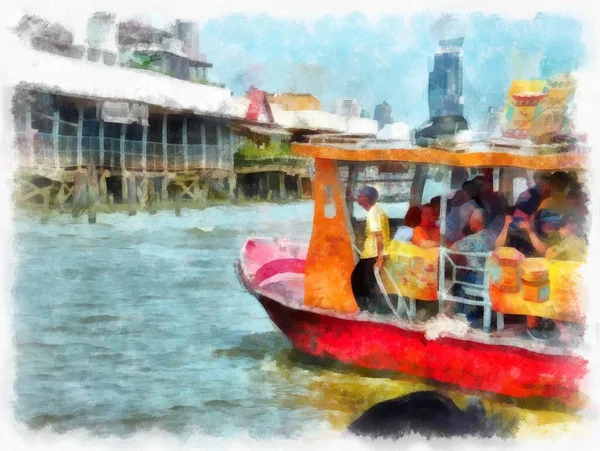 Paisaje Barcos Pasajeros Pasajeros Bangkok Chao Phraya River Tailandia Acuarela — Foto de Stock