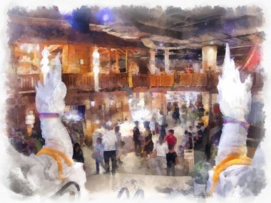 Antik dükkanların manzarası ticaret alanı alışveriş merkezindeki market suluboya resim çizimi izlenimcisi..