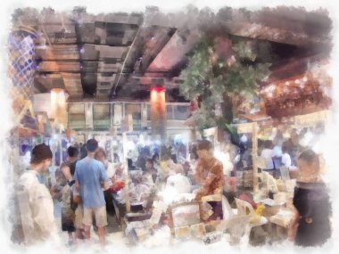 Antik dükkanların manzarası ticaret alanı alışveriş merkezindeki market suluboya resim çizimi izlenimcisi..