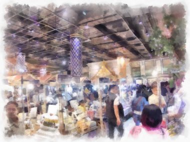 Antik dükkanların manzarası ticaret alanı alışveriş merkezindeki market suluboya resim çizimi izlenimcisi..