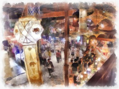 Antik dükkanların manzarası ticaret alanı alışveriş merkezindeki market suluboya resim çizimi izlenimcisi..