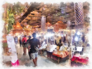 Antik dükkanların manzarası ticaret alanı alışveriş merkezindeki market suluboya resim çizimi izlenimcisi..