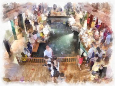 Antik dükkanların manzarası ticaret alanı alışveriş merkezindeki market suluboya resim çizimi izlenimcisi..