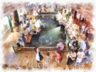 Antik dükkanların manzarası ticaret alanı alışveriş merkezindeki market suluboya resim çizimi izlenimcisi..