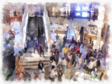 Antik dükkanların manzarası ticaret alanı alışveriş merkezindeki market suluboya resim çizimi izlenimcisi..