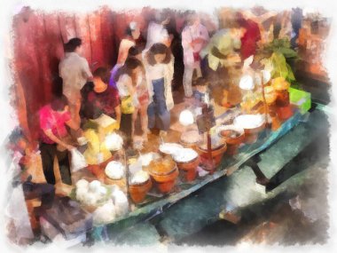 Antik dükkanların manzarası ticaret alanı alışveriş merkezindeki market suluboya resim çizimi izlenimcisi..