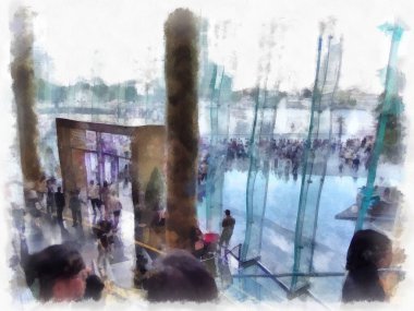 Alışveriş merkezi peyzajı suluboya resim çizimi.