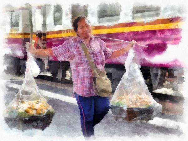 Street Vendor Bangkok Watercolor Style Illustration Impressionist Painting — Fotografia de Stock