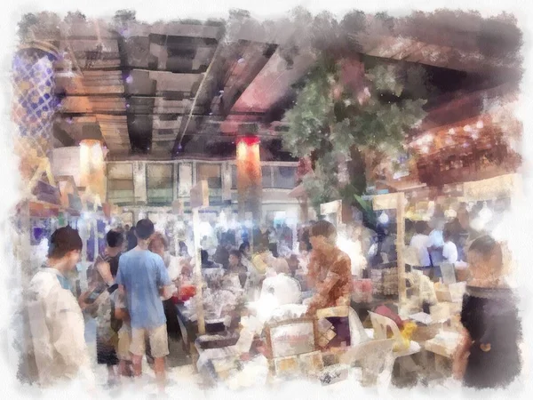 Antik dükkanların manzarası ticaret alanı alışveriş merkezindeki market suluboya resim çizimi izlenimcisi..