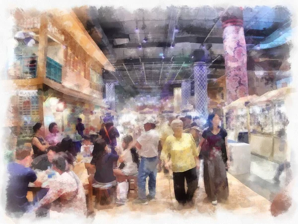 Antik dükkanların manzarası ticaret alanı alışveriş merkezindeki market suluboya resim çizimi izlenimcisi..