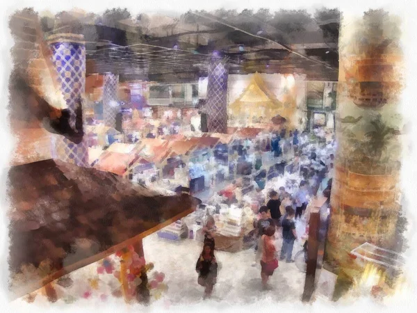 Antik dükkanların manzarası ticaret alanı alışveriş merkezindeki market suluboya resim çizimi izlenimcisi..