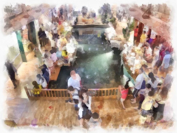 Antik dükkanların manzarası ticaret alanı alışveriş merkezindeki market suluboya resim çizimi izlenimcisi..