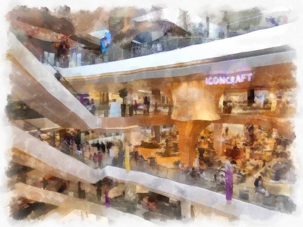 Shopping Mall Landscape Watercolor Style Illustration Impressionist Painting — ストック写真