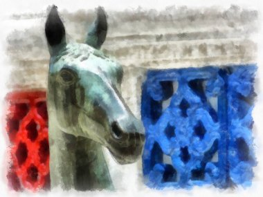 Wat Suthat 'da antik mimari ve antik sanat manzarası Bangkok' ta suluboya resim çizimi.