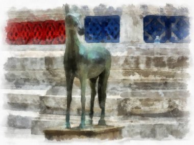 Wat Suthat 'da antik mimari ve antik sanat manzarası Bangkok' ta suluboya resim çizimi.