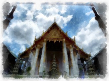 Wat Suthat 'da antik mimari ve antik sanat manzarası Bangkok' ta suluboya resim çizimi.