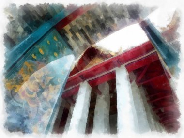 Wat Suthat 'da antik mimari ve antik sanat manzarası Bangkok' ta suluboya resim çizimi.