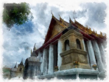 Wat Suthat 'da antik mimari ve antik sanat manzarası Bangkok' ta suluboya resim çizimi.