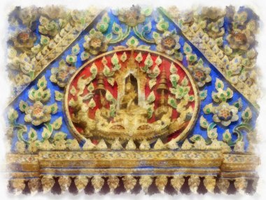 Wat Suthat 'da antik mimari ve antik sanat manzarası Bangkok' ta suluboya resim çizimi.