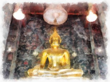 Wat Suthat 'da antik mimari ve antik sanat manzarası Bangkok' ta suluboya resim çizimi.