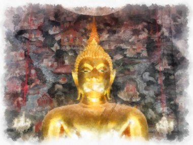 Wat Suthat 'da antik mimari ve antik sanat manzarası Bangkok' ta suluboya resim çizimi.