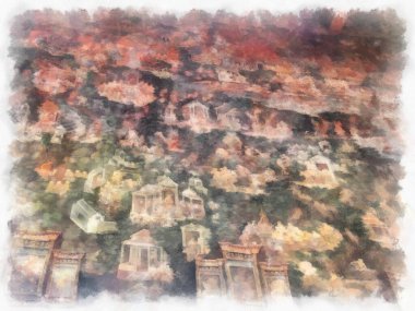 Wat Suthat 'da antik mimari ve antik sanat manzarası Bangkok' ta suluboya resim çizimi.