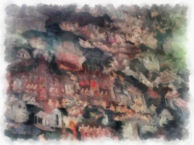 Wat Suthat 'da antik mimari ve antik sanat manzarası Bangkok' ta suluboya resim çizimi.