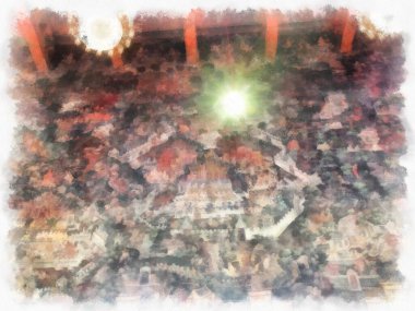 Wat Suthat 'da antik mimari ve antik sanat manzarası Bangkok' ta suluboya resim çizimi.