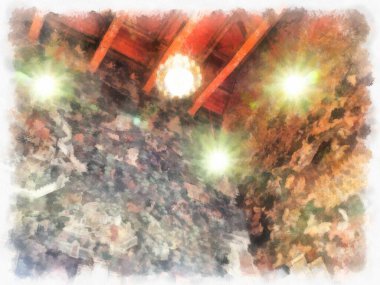 Wat Suthat 'da antik mimari ve antik sanat manzarası Bangkok' ta suluboya resim çizimi.