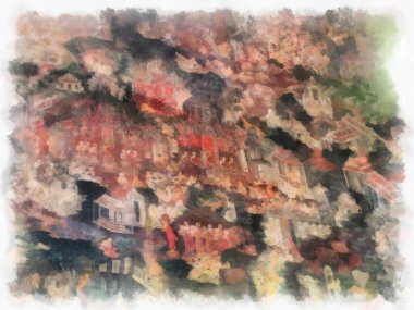 Wat Suthat 'da antik mimari ve antik sanat manzarası Bangkok' ta suluboya resim çizimi.
