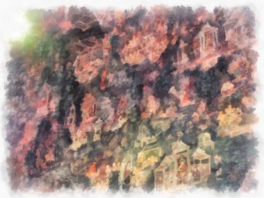 Wat Suthat 'da antik mimari ve antik sanat manzarası Bangkok' ta suluboya resim çizimi.